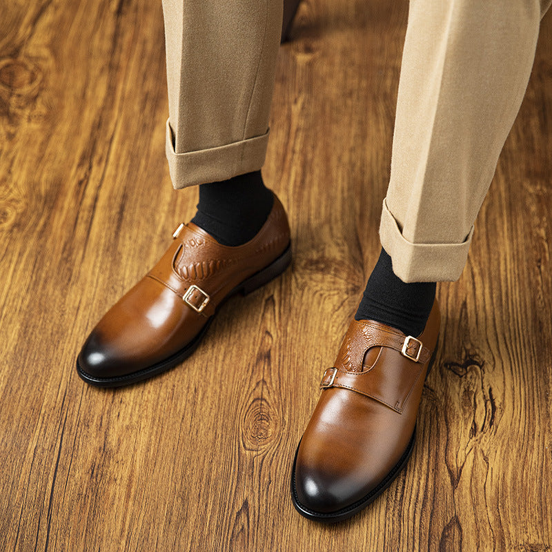Men's First Layer Cowhide Summer Round Toe Double Buckle Retro Style Business Leather Shoes