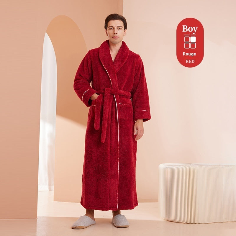 Autumn And Winter Thickened Cotton Velvet Nightgown Men's Winter Plus-sized Plus Size Light Luxury Couple Bathrobe Women's Extended Pajamas
